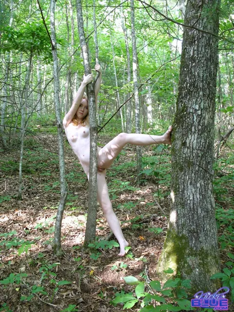 Nicki Blue: Petite Blonde with Enhanced Tits Spreads Her Pussy in the Forest – photo 7 of 21