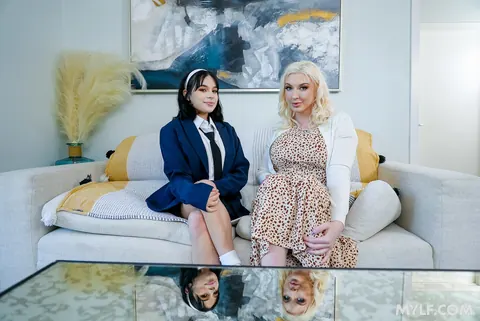 Aria Valencia: Busty Blonde and Small-Tits Brunette in Skirts Share a Threesome – photo 1 of 21