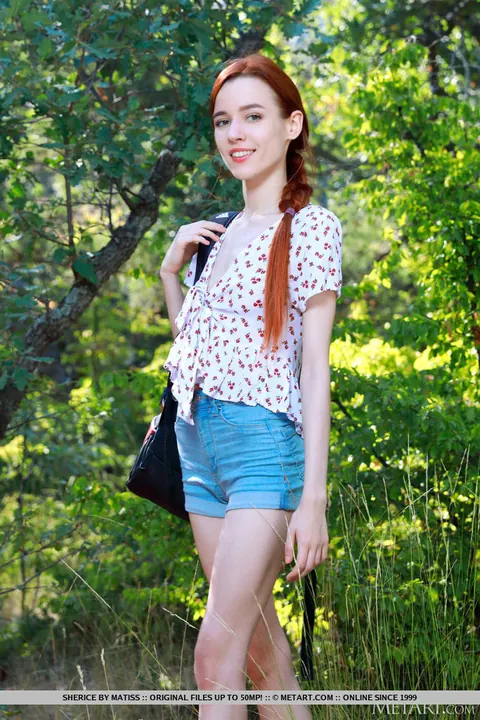 Redhead Spreads Her Shaved Pussy Outdoors at a Camping Tent – photo 1 of 18
