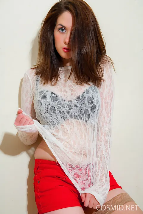 Elizabeth James: Brunette in Stockings Flashes Her Big Natural Tits – photo 1 of 16