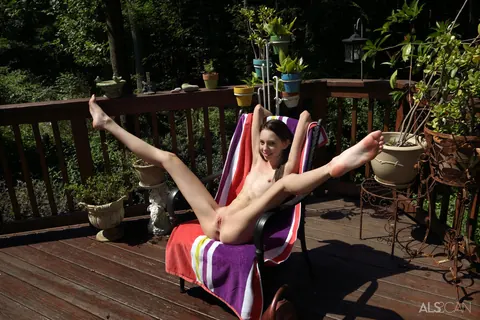 Aria Haze: Skinny Brunette Strips Off Her Bikini and Fucks Herself with a Dildo on Patio – photo 10 of 16