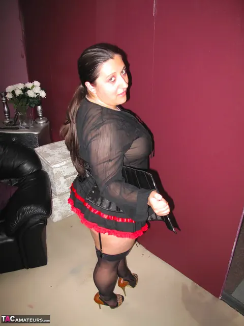 Curvy Brunette MILF in Pigtails Poses in Stockings and Heels – photo 16 of 20
