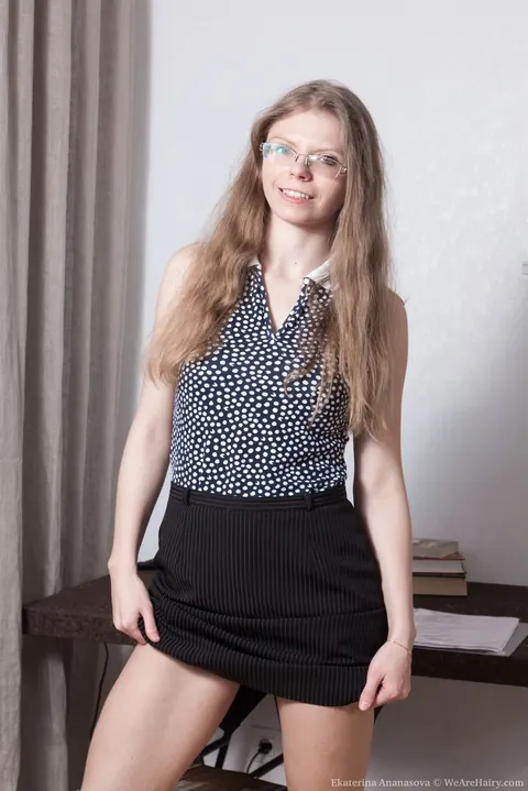 Ekaterina Ananasova: Blonde in Glasses and Skirt Spreads Her Hairy Pussy – photo 2 of 16