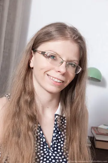 Ekaterina Ananasova – Blonde in Glasses and Skirt Spreads Her Hairy Pussy
