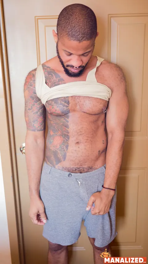 Thick Ebony Man Stands Nude and Strokes His Cock – photo 16 of 20