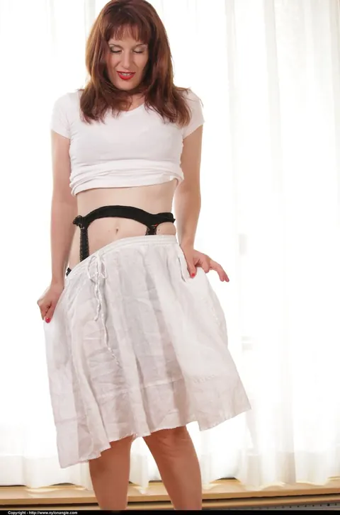 Dirty Angie: Thick Redhead MILF Strips Off Her Skirt to Show Sheer Panties and Nylons – photo 4 of 12