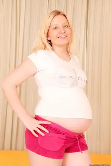 Pregnant Blonde in Shorts and High Heels Sucks Cock Before Anal Doggy