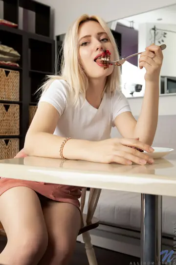 Allison Rise – Blonde Strips Out of Her Skirt and Fingers Her Pussy in the Kitchen