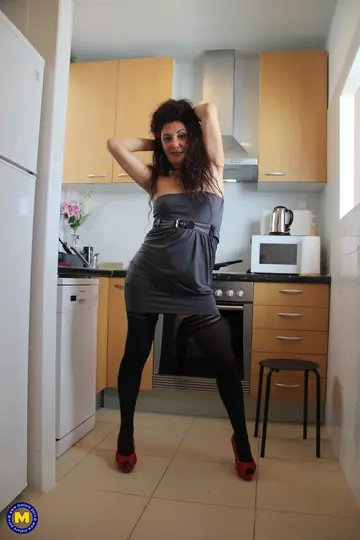 Thick Curly Latina MILF in Stockings and Skirt Fingers and Toys Herself