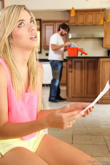 Blonde in Shorts Fucks on the Kitchen Counter