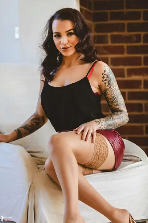 Mia Stryker: Tattooed Brunette Strips Out of Her Lingerie and Skirt – photo 1 of 12