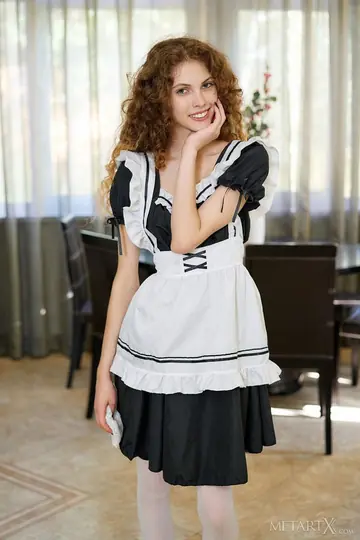 Redhead Maid in Stockings Toys Her Shaved Pussy