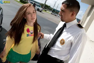 Brunette in a Skirt and Socks Fucks a Station Officer Outdoors
