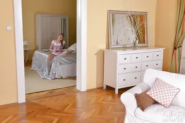 European Blonde in Panties and Socks Fingers Her Shaved Pussy and Uses a Toy