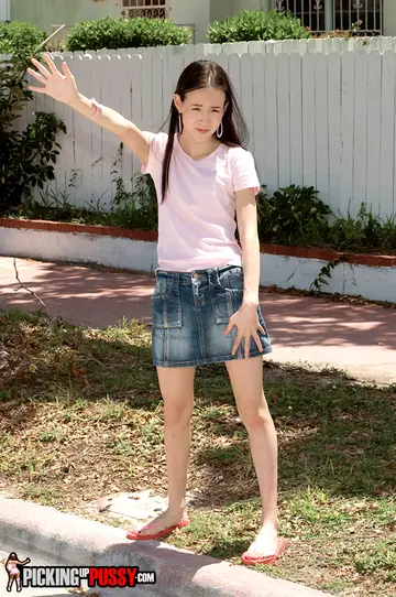 Amai Liu – Slim Asian Brunette Kneels in a Skirt for Outdoor Blowjob