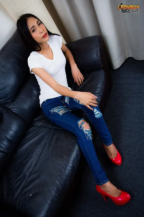 Busty Asian Trans Woman Strips Out of Her Jeans and Jerks Off – photo 1 of 16