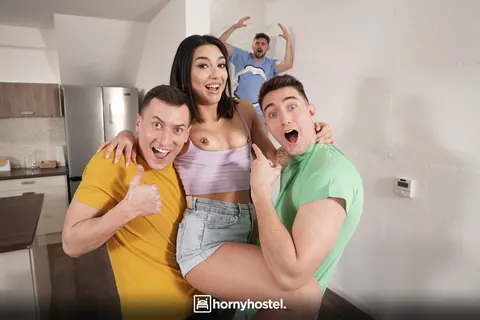 Lena Coxx: Petite Brunette in Threesome Sucks Two Cocks and Takes Anal Doggy – photo 4 of 21