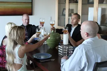 Giselle Leon – Blonde and Brunette Wives Suck Cocks at Swinger Party