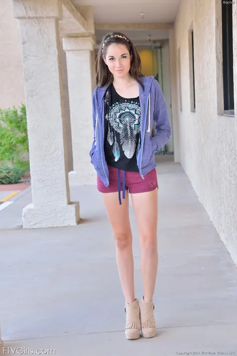 Emily Grey: Petite Amateur Brunette Strips Out of Her Shorts Outdoors – photo 1 of 20