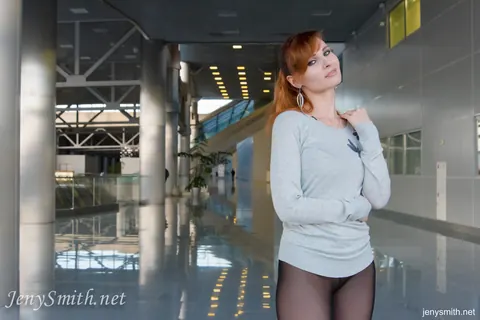 Jeny Smith: Redhead Shows Off Her Legs in Sheer Stockings Outdoors – photo 2 of 15