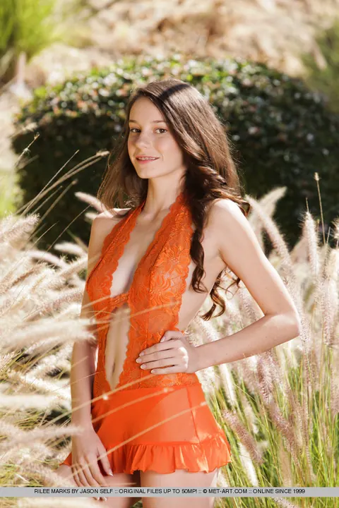 Rilee Marks: Skinny Brunette Squats and Spreads on Patio Stones – photo 1 of 18