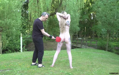Tattooed Blonde Bound Outdoors and Swallows His Load – photo 9 of 16
