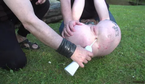 Tattooed Blonde Bound Outdoors and Swallows His Load – photo 13 of 16