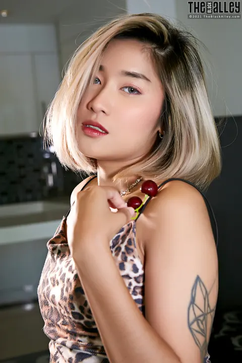 Thick Asian Blonde in Lingerie Spreads Her Hairy Pussy on the Kitchen Table – photo 4 of 16