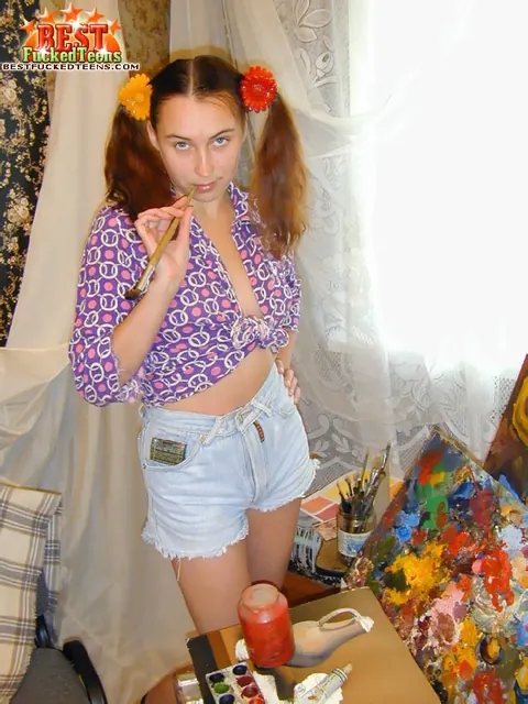 Redhead European in Shorts and Socks Plays with a Dildo – photo 2 of 20