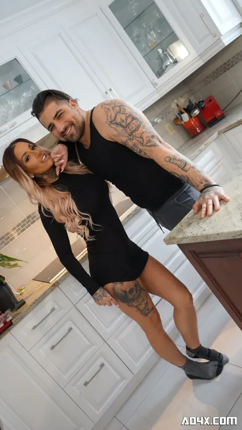 Pamela Kayne: Tattooed Brunette MILF with Big Tits Strips and Spreads in the Kitchen – photo 10 of 21