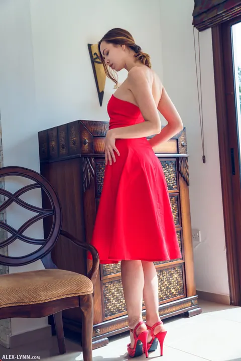Nasita: Tall Brunette Hikes Red Dress to Spread Her Trimmed Pussy – photo 2 of 17