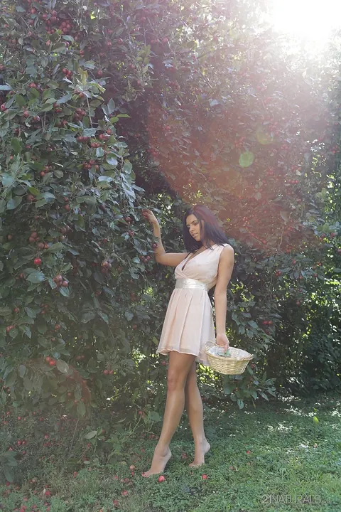 Kira Queen: Russian Brunette Picks Fruit Outdoors in a Skirt – photo 7 of 17