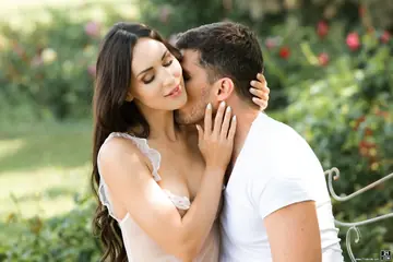 Brunette with Natural Tits Has Anal Sex Outdoors on a Bench