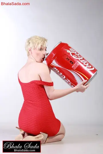 Blonde PAWG in a Red Dress and High Heels Poses with a Huge Coke Can