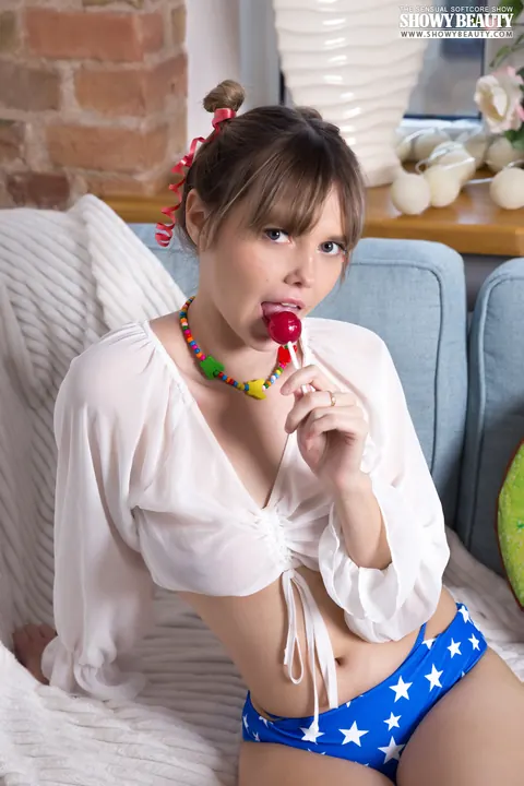 Woman with Small Tits Pulls Panties Aside to Show Her Shaved Pussy – photo 4 of 20