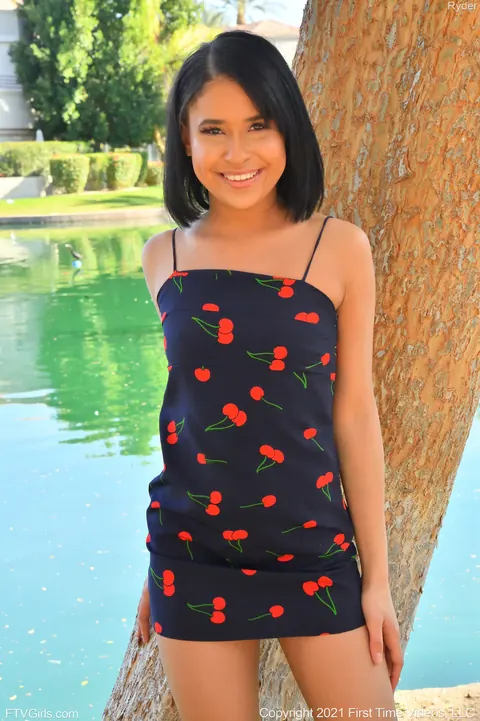 Skinny Short-Haired Brunette Flashes Outdoors and Masturbates with a Dildo – photo 7 of 21