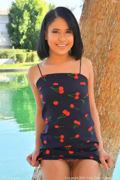 Skinny Short-Haired Brunette Flashes Outdoors and Masturbates with a Dildo – photo 8 of 21