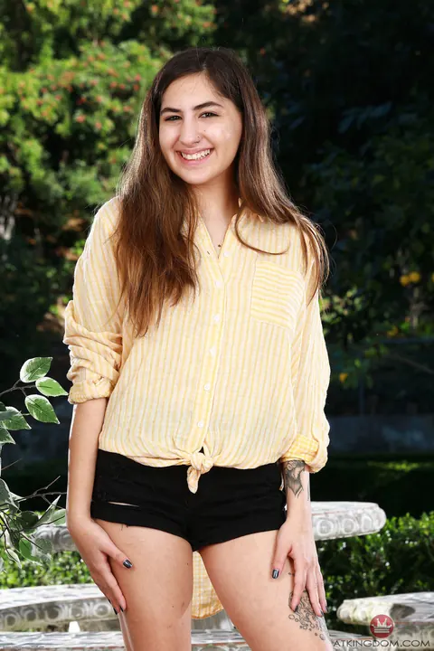 Veronica Vella: Petite Brunette Pulls Shorts Aside and Spreads Outdoors – photo 1 of 21