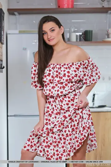 Vavilia Cristoff – Brunette Strips Out of Her Skirt and Spreads Her Pussy in the Kitchen