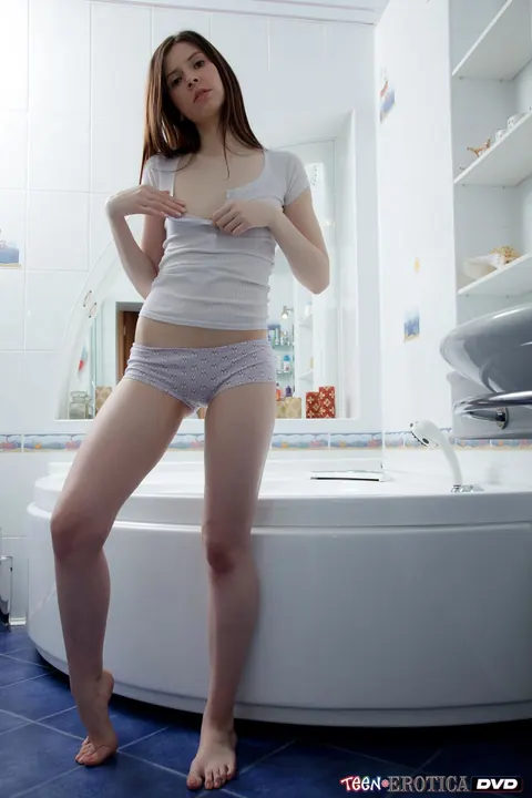 Sammy D: Petite Slim Brunette Fingers and Uses a Dildo in the Bathroom – photo 3 of 20