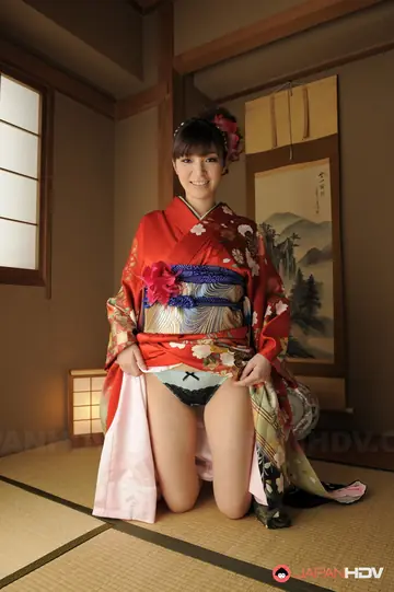 Busty Japanese Brunette Strips Kimono and Spreads Her Hairy Pussy