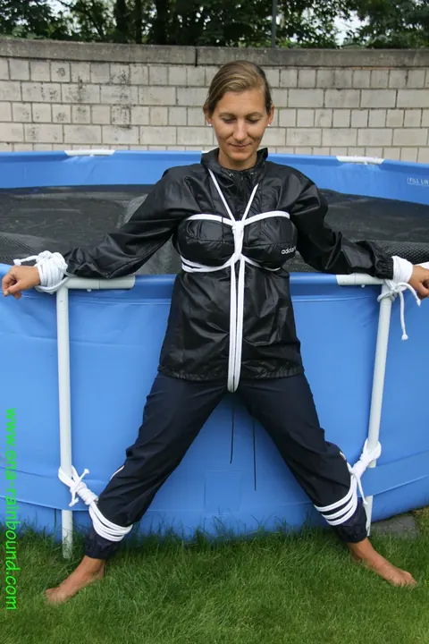 Amateur Woman Bound and Gagged Kneels by the Pool – photo 1 of 16