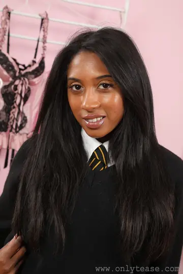 Amber Hill – Busty Ebony Brunette Strips Out of Her Uniform Skirt and Socks