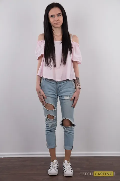Caroline Mann: Brunette MILF in Lingerie and Jeans Strips and Spreads Her Pussy – photo 2 of 18