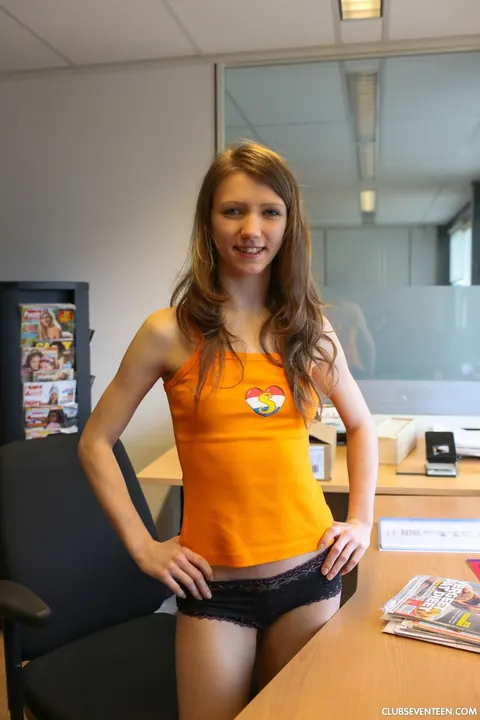 Beatrix Glower: Skinny Blonde in Socks Masturbates in the Office – photo 2 of 21