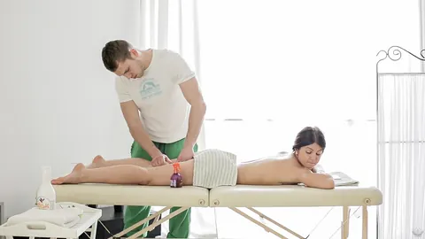 Alice Smack: Petite Brunette Sucks and Rides in a Threesome on the Massage Table – photo 5 of 20