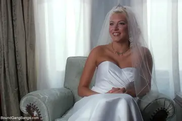 Busty Curly Blonde Bride Bound for Interracial Gangbang