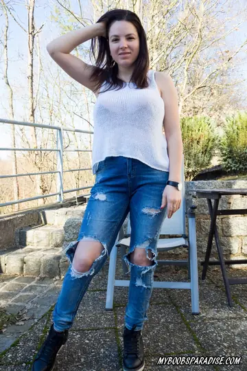 European Brunette Frees Big Tits from Jeans Outdoors