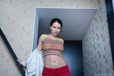 Thick Busty Woman Spreads Her Hairy Pussy on Basement Stairs – photo 2 of 14