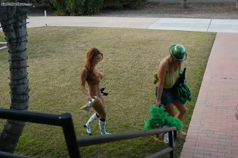 Janet Mason: Busty Blonde MILF and Slim Redhead Strip Out of Their Uniform Dresses Outdoors – photo 16 of 16